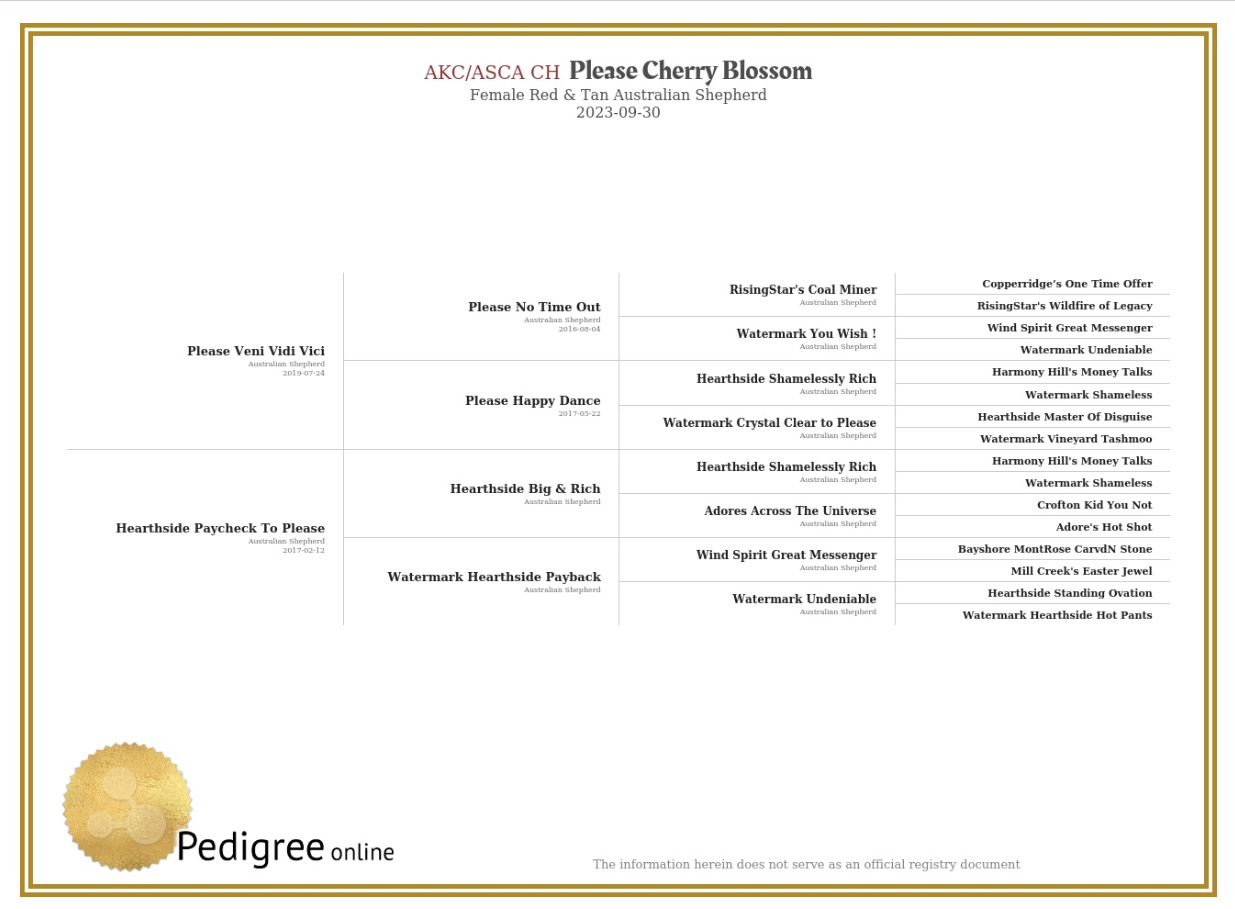 Cerise — pedigree chart (Please Cherry Blossom)